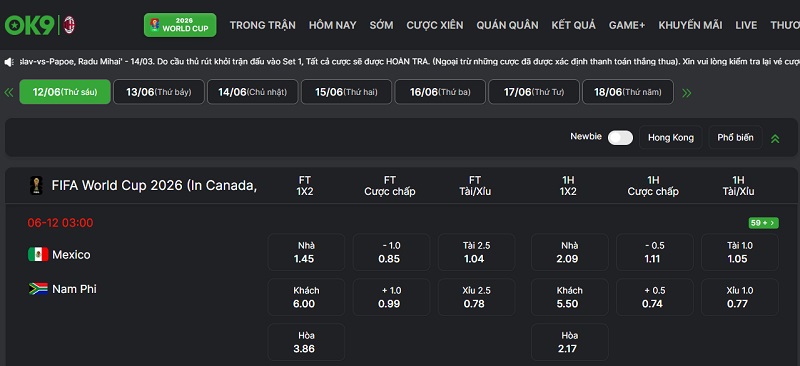 Bảng Tỷ Lệ Kèo Trực Tiếp OK9 Cập Nhật Mới Nhất Hôm Nay